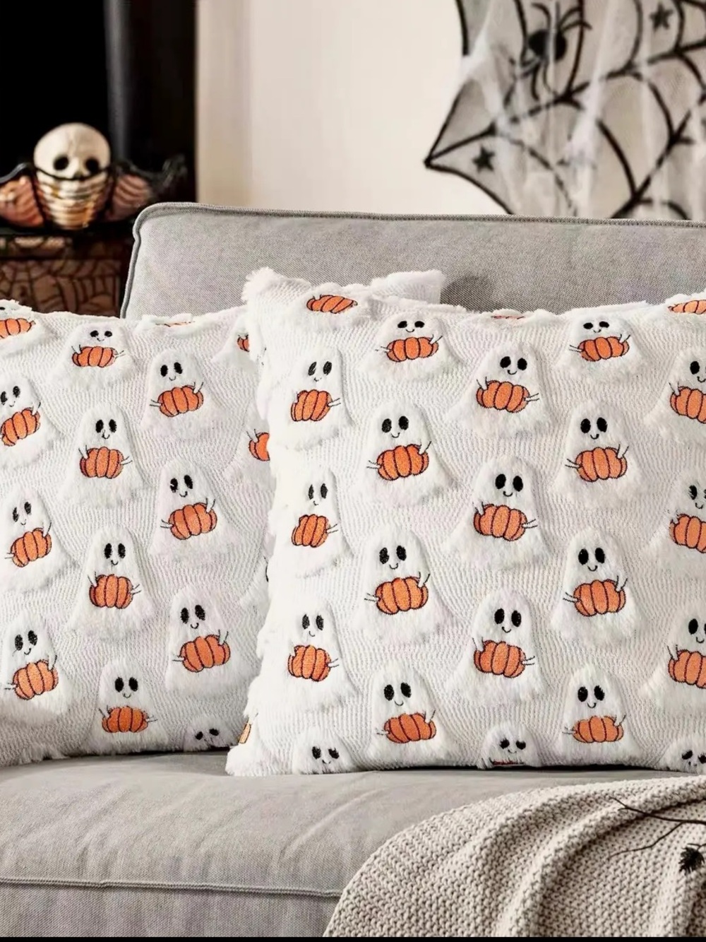 2 NWT Ghost & Pumpkin Embroidered Decorative Throw Cushions | Pillows. Faux Fur